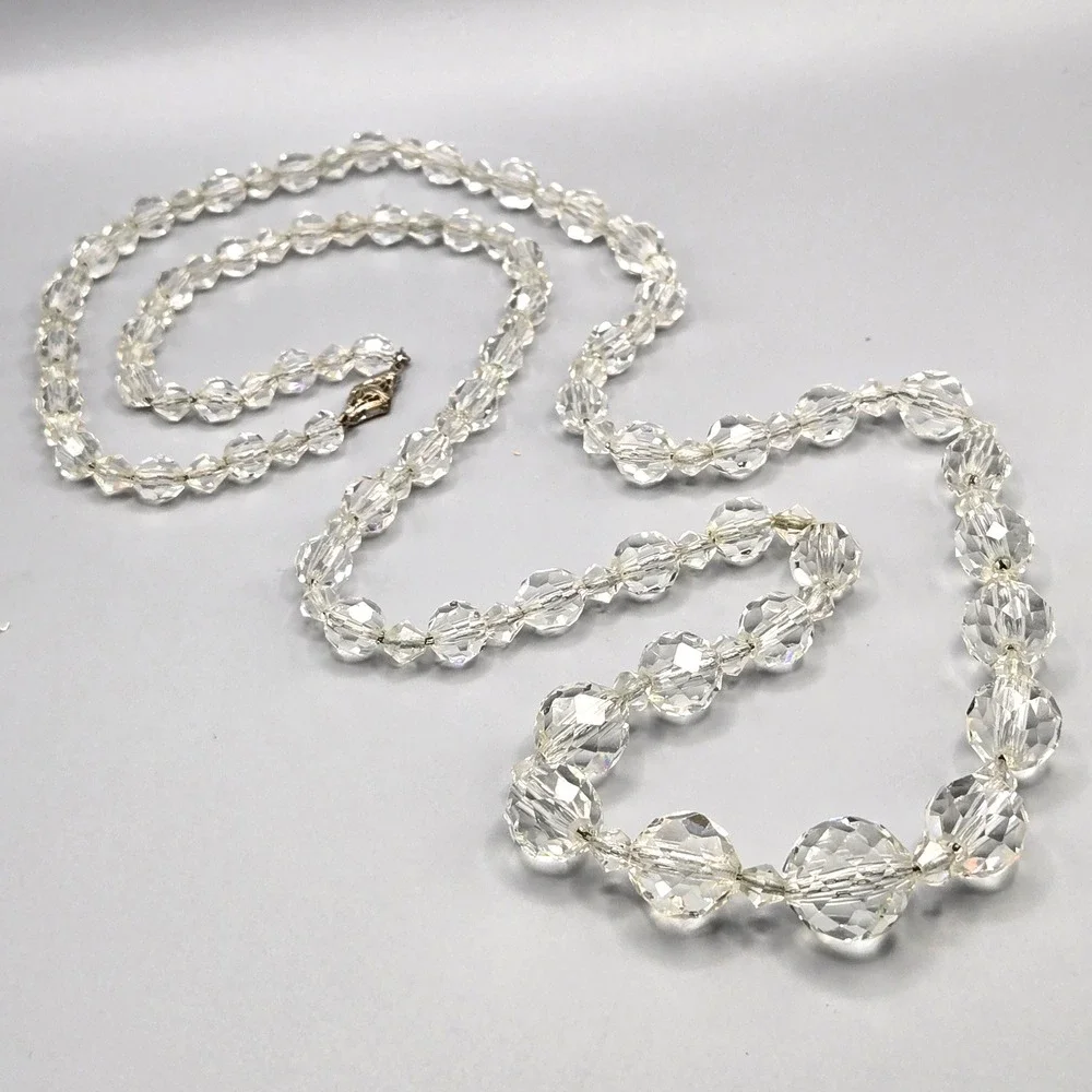 Vintage Clear Faceted Crystal Glass Bead Graduated Necklace 30 In Filigree Clasp